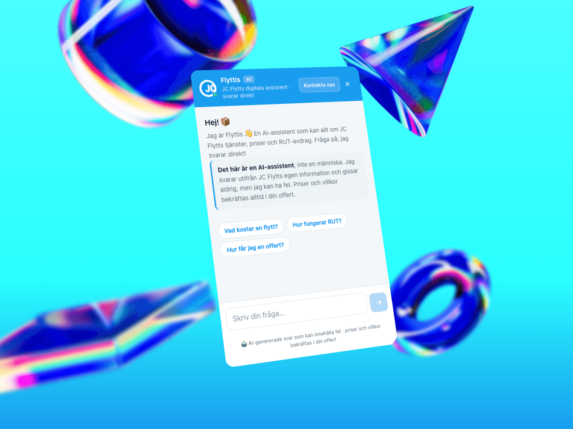 Flyttis – AI-assistent – Chatbot tränad på JC Flytts egen data, kopplad direkt till CRM-systemet
